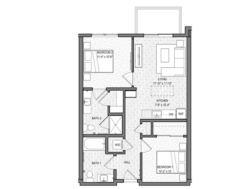 Floor plan for 2 beds, 2 baths, 795 sqft